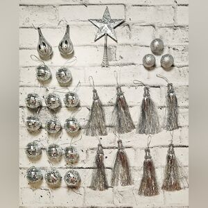 Silver Glam Christmas Ornament Lot Disco Balls Tassels Star Topper Set